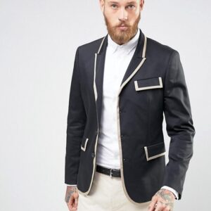 A man wearing a Tipping Detail in Black blazer and white pants.